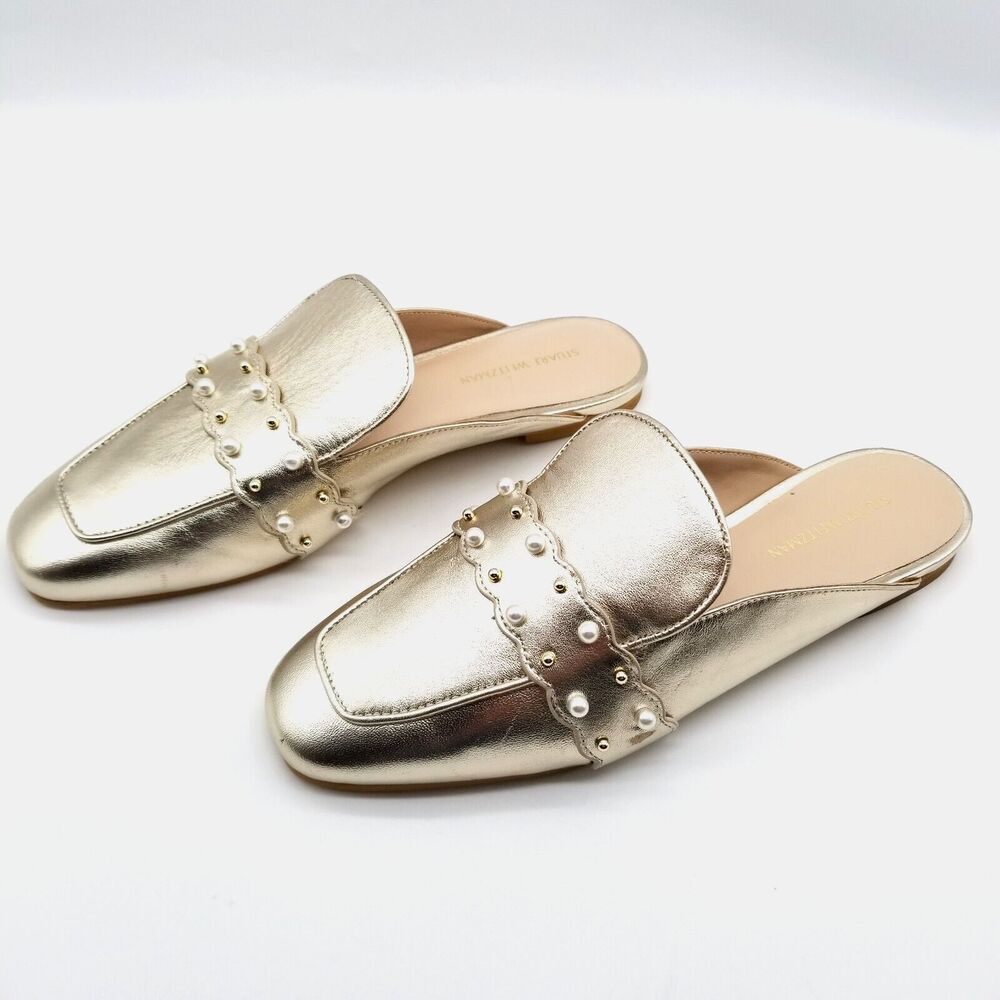 Stuart Weitzman Women Embellished Metallic‎ Slide Mule Size 6 Gold Leather Flat